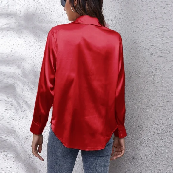 Red Collared Neck Buttoned Long Sleeve Shirt - Picture 4 of 4
